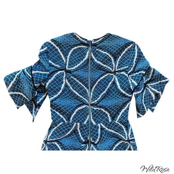 ROLAND MOURET “BANCROFT” BLUE GEOMETRIC PRINT EMBROIDERED MIDI PENCIL DRESS SZ 6 - Picture 12 of 15